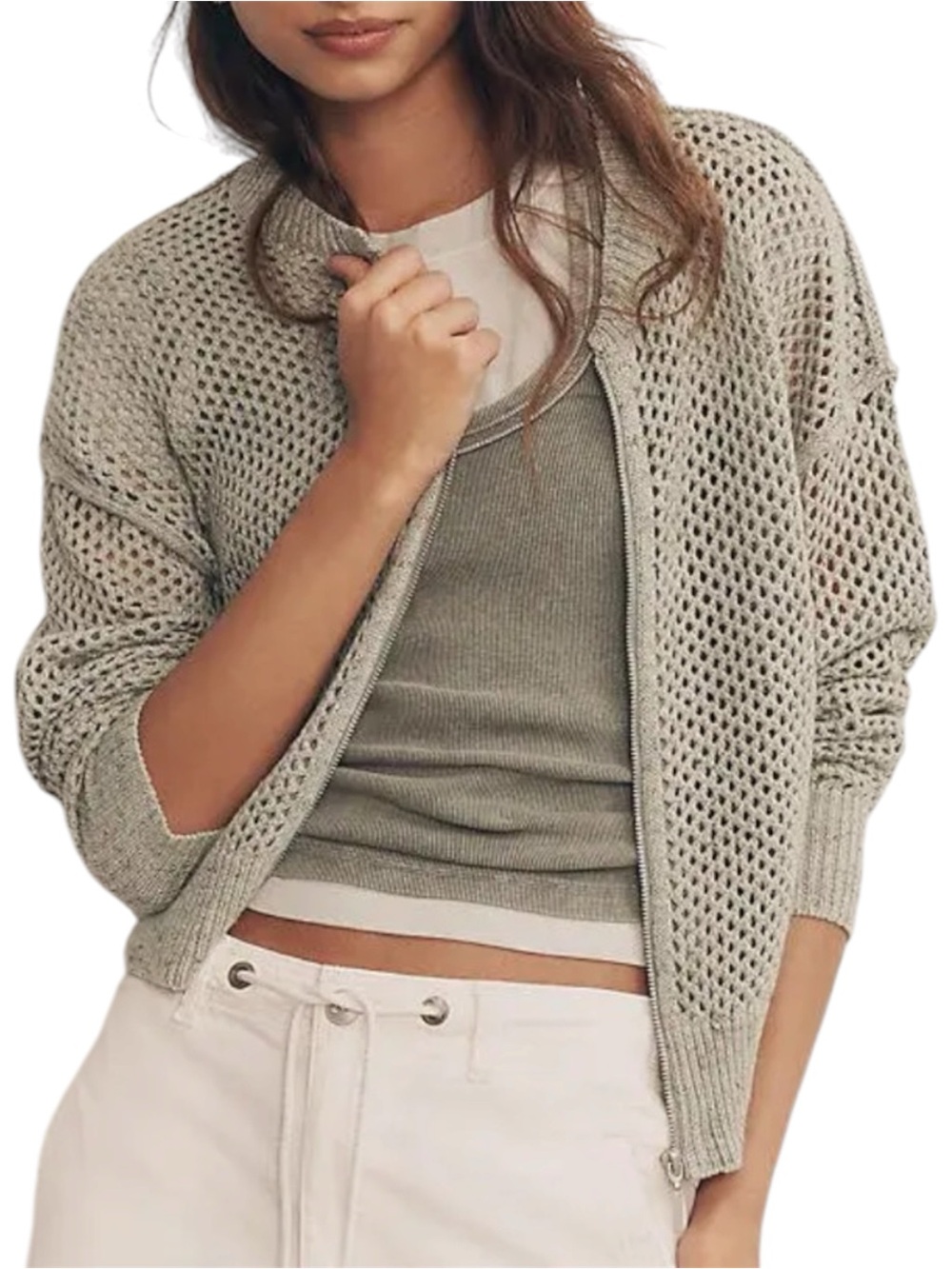 Anthropologie Pilcro Open-Knit Cardigan Bomber Size XL Powdered Sage Green